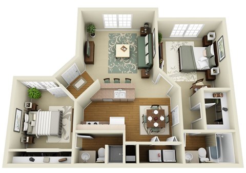 a 3d rendering of a room with a bedroom and a living room